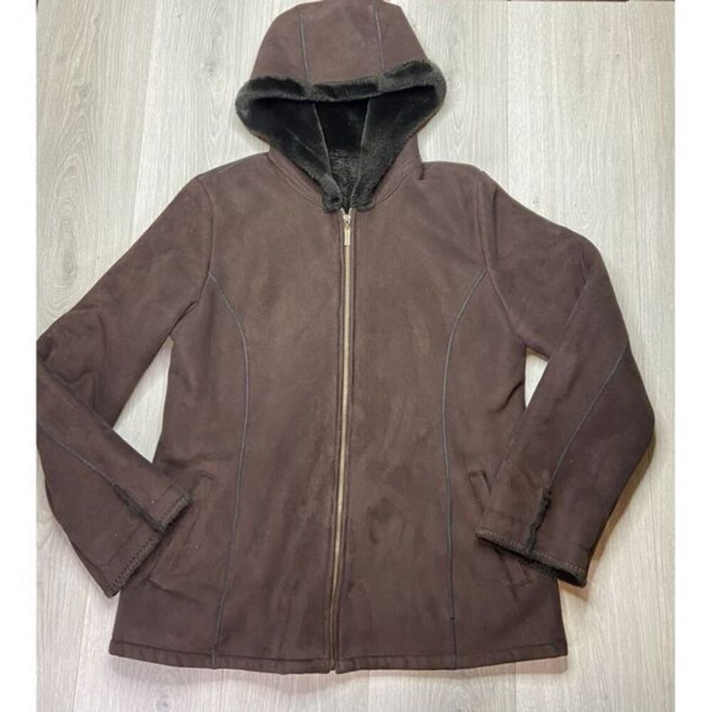 Marvin Richards Coat Womens Large Brown Suede Faux Fur Lined Hood